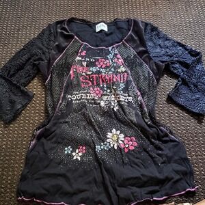 Vtg Edista Y2K Graphic Tunic Top Black Pink Floral Paisley Lace Velvet Sleeve
